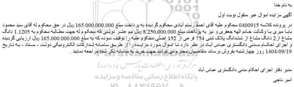 مزایده  1.1205 دانگ مشاع از2 دانگ مشاع از ششدانگ پلاک ثبتی 754 فرعی از 152 اصلی