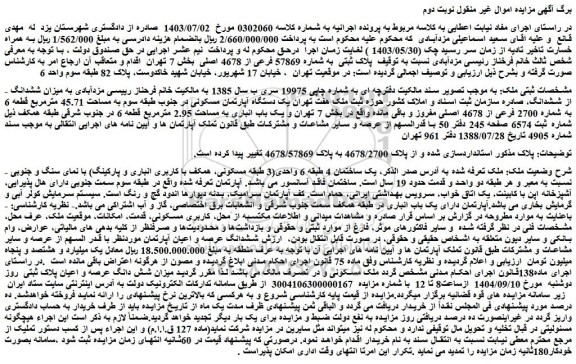 مزایده ششدانگ عرصه و اعیان آپارتمان