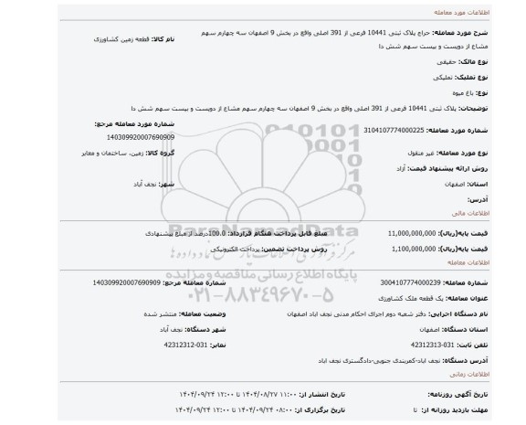 مزایده، پلاک ثبتی 10441 فرعی از 391 اصلی واقع در بخش 9 اصفهان   سه چهارم سهم مشاع از دویست و بیست سهم شش دا