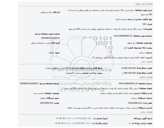 مزایده، شش دانگ عرصه و اعیان یک واحد ساختمان مسکونی ویلایی به مساحت 200 متر مربع