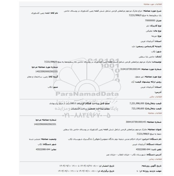 مزایده، ماترک مرحوم چراغعلی فرجی شامل شش قطعه  زمین کشاورزی در روستای حاجی بابا سفلیجمعا به مبلغ 7/231/996/0