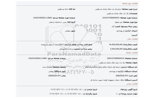مزایده، یک باب ملک تجاری مسکونی