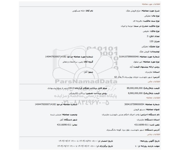 مزایده، فروش ملک