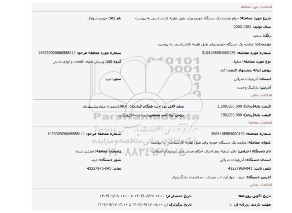 مزایده، مزایده یک دستگاه خودرو  پراید  طبق  نظریه کارشناسی به پیوست