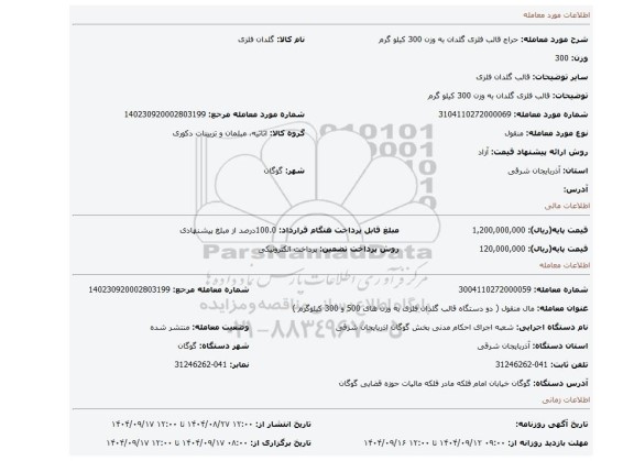 مزایده، قالب فلزی گلدان به وزن 300 کیلو گرم