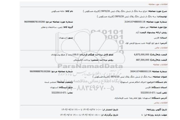 مزایده، سه دانگ  از  شش دانگ پلاک ثبتی 5970/20 (کاربری مسکونی )