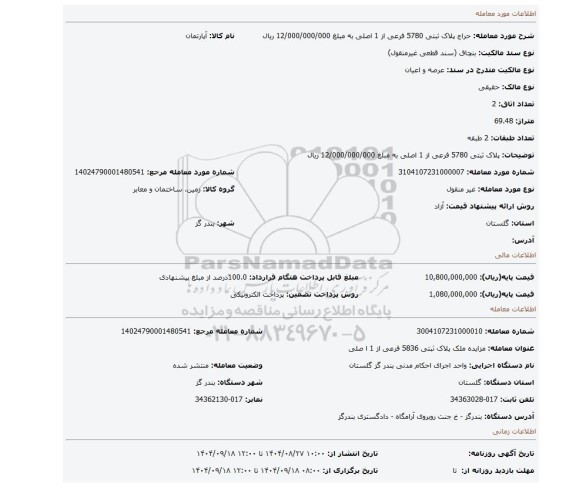 مزایده، پلاک ثبتی 5780 فرعی از 1 اصلی به مبلغ 12/000/000/000 ریال