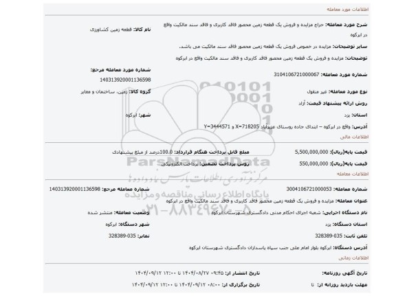 مزایده، مزایده و فروش یک قطعه زمین محصور فاقد کاربری و فاقد سند مالکیت واقع در ابرکوه
