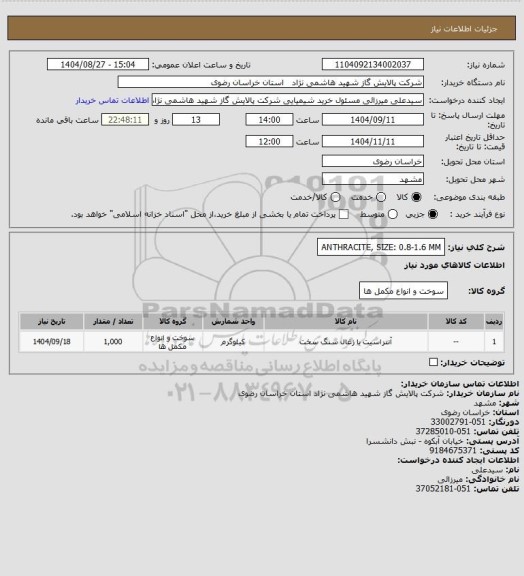 استعلام ANTHRACITE, SIZE: 0.8-1.6 MM