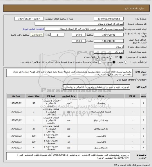 استعلام براساس لیست اقلام مندرج در جدول پیوست ومشخصات فنی ضمیمه شده تحت عنوان7 قلم کالا. هزینه حمل با هر تعداد دفعات ارسال بعهده فروشنده میباشد.