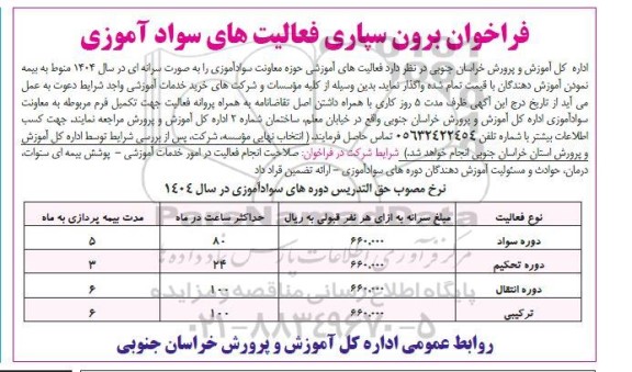 فراخوان برون سپاری فعالیت های سواد آموزی
