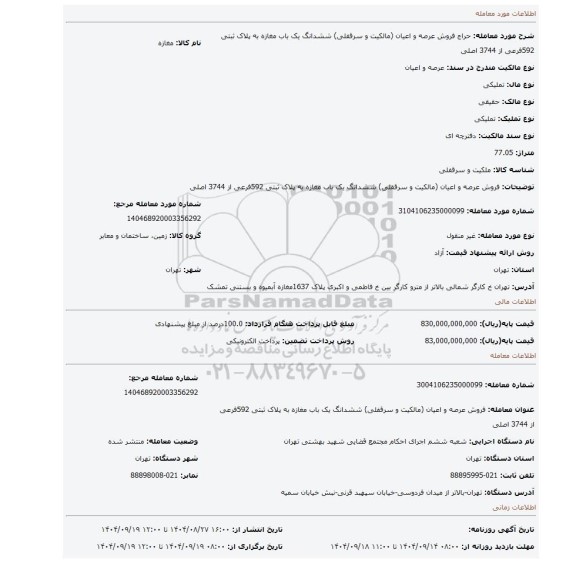 مزایده، فروش عرصه و اعیان (مالکیت و سرقفلی) ششدانگ یک باب مغازه به پلاک ثبتی 592فرعی از 3744 اصلی
