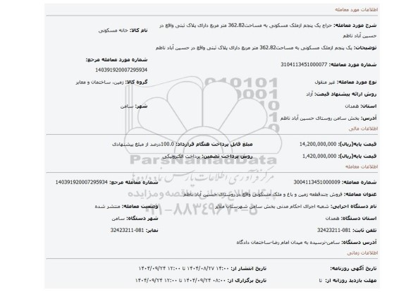 مزایده، یک پنجم ازملک مسکونی  به مساحت362.82 متر مربع  دارای پلاک ثبتی  واقع در حسین آباد ناظم