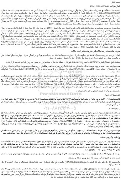 مزایده شش دانگ عرصه و اعیان زمین با بنای احداثی (وضعیت خاص طلق) دارای شماره پلاک ثبتی 1316 فرعی از 142-اصلی 