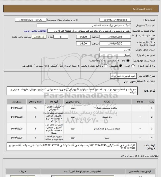 استعلام خرید تجهیزات فیبر نوری
