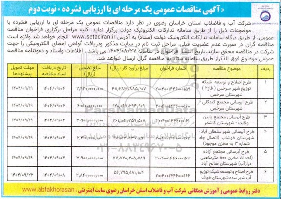 مناقصه طرح اصلاح و توسعه شبکه توزیع شهر سرخس ( فاز 2 ) شهرستان ... نوبت دوم
