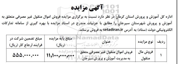 مزایده فروش اموال منقول غیر مصرفی 