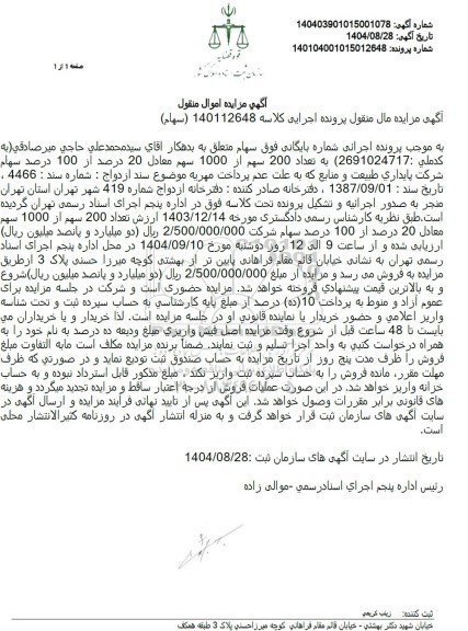 مزایده تعداد 200 سهم از 1000 سهم معادل 20 درصد از 100 درصد سهام شرکت
