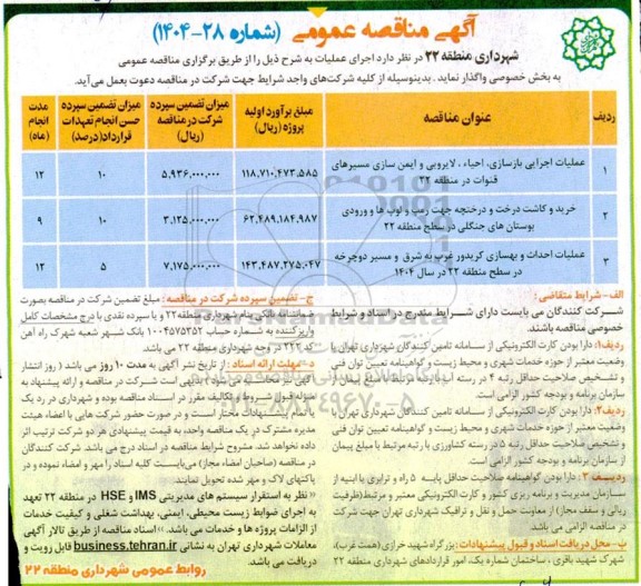 مناقصه عملیات اجرایی بازسازی، احیا، لایروبی و ایمن سازی مسیرهای قنوات در منطقه 22....
