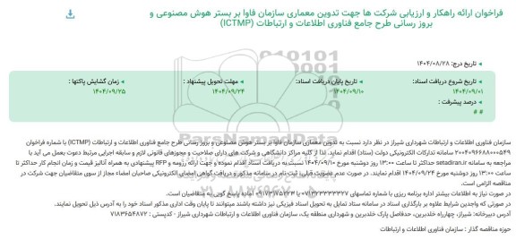 فراخوان ارائه راهکار و ارزیابی شرکتها جهت تدوین معماری سازمان فاوا بر بستر هوش مصنوعی و بروز رسانی طرح جامع فناوری اطلاعات و ارتباطات (ICTMP)