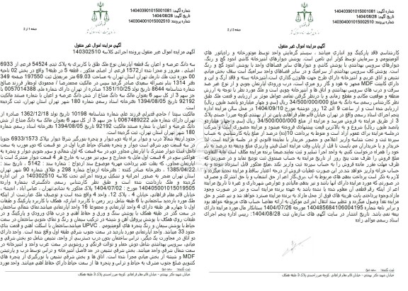 مزایده سه دانگ عرصه و اعیان یک قطعه آپارتمان نوع ملک طلق با کاربری به پلاک ثبتی 54524 فرعی