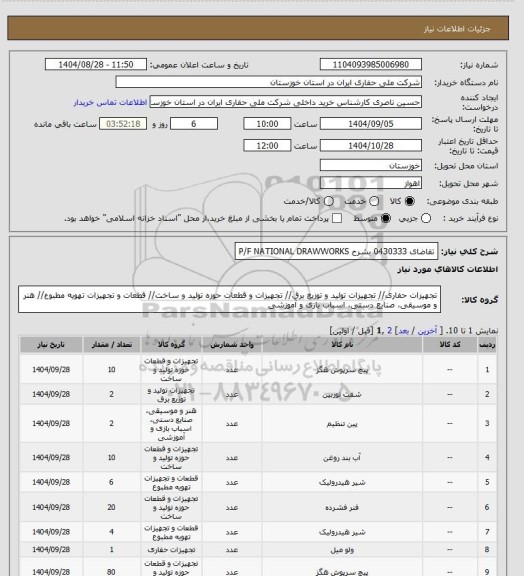 استعلام تقاضای 0430333 بشرح P/F NATIONAL DRAWWORKS