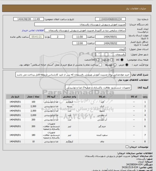 استعلام خرید موادغذایی برای مدیریت آموزش وپرورش رفسنجان که پس از تایید کارشناس مربوطه قابل پرداخت می باشد