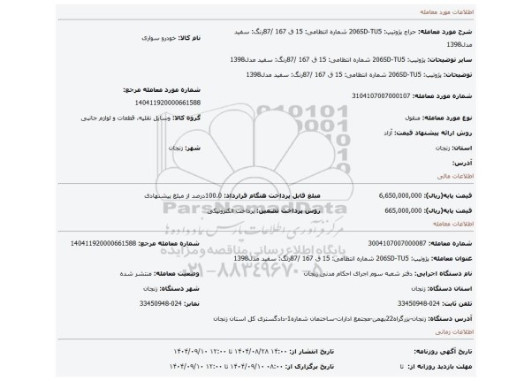 مزایده، پژوتیپ: 206SD-TU5  شماره انتظامی: 15 ق  167 /87رنگ: سفید  مدل1398