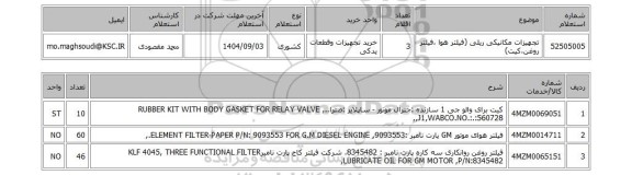 استعلام تجهیزات مکانیکی ریلی (فیلتر هوا ،فیلتر روغن،کیت)