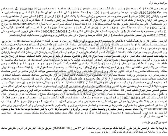 مزایده آپارتمان قطعه 4 تفکیکی به مساحت 12 مترمربع