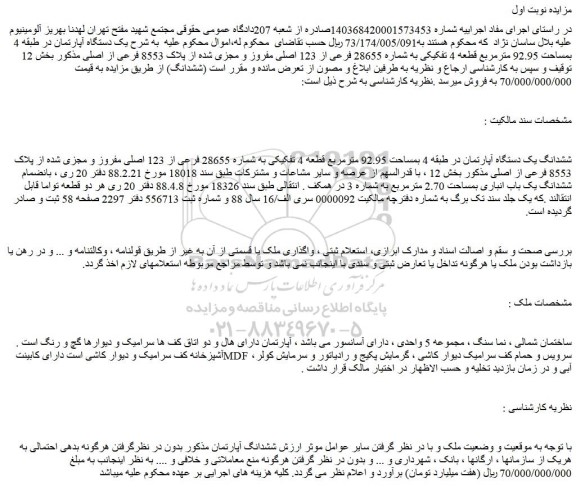 مزایده ششدانگ یک دستگاه آپارتمان در طبقه 4 بمساحت 92.95 مترمربع قطعه 4 تفکیکی به شماره 28655 فرعی از 123 اصلی مفروز و مجزی شده از پلاک 8553 فرعی از اصلی