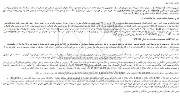 مزایده شش دانگ عرصه و اعیان زمین با بنای احداثی (وضعیت خاص طلق) به شماره 128 فرعی از 27 اصلی قطعه دو تفکیکی مفروز و مجزی شده از بیست و یک فرعی از اصلی