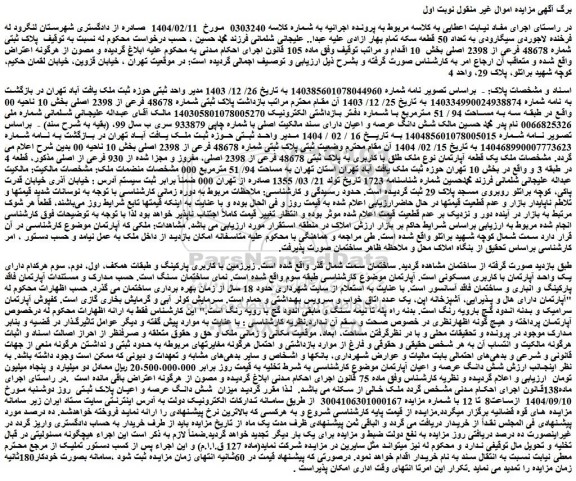 مزایده یک واحد آپارتمان با کاربری مسکونی
