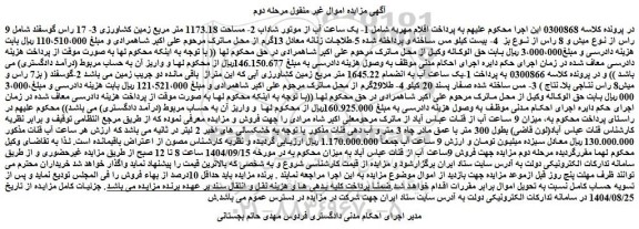 مزایده یک ساعت آب به انضمام 1645.22 متر مربع زمین کشاورزی آبی