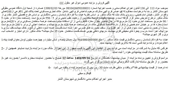 مزایده مغازه ها در حدود 5 / 96 مترمربع -مساحت انباری حدود 32 مترمربع 