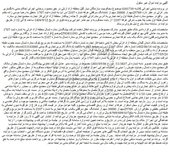مزایده واگذاری منافع اعیانی(سرقفلی) شش دانگ یک باب غرفه تجاری مستحدث در مجتمع تجاری-اداری