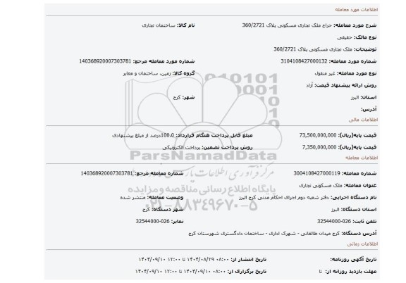 مزایده، ملک تجاری مسکونی پلاک 360/2721