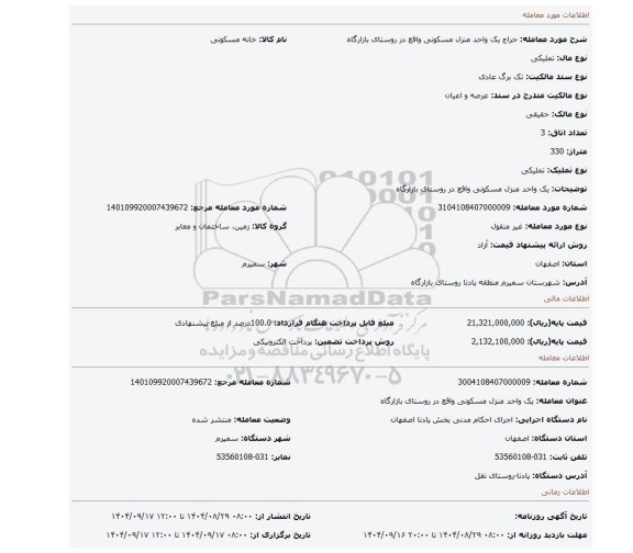 مزایده، یک واحد منزل مسکونی واقع در روستای بازارگاه