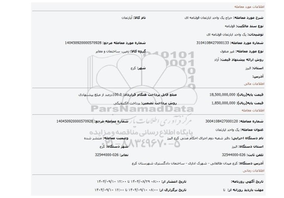 مزایده، یک واحد ابارتمان قولنامه ای