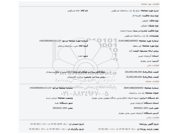 مزایده، یک باب ساختمان مسکونی