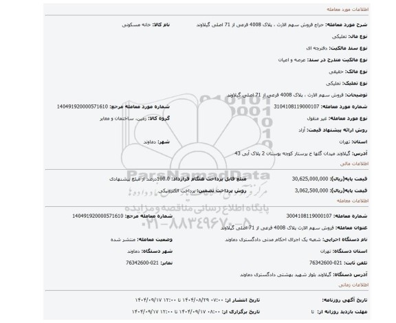 مزایده، فروش سهم الارث ، پلاک 4008 فرعی از 71 اصلی گیلاوند
