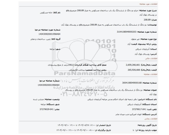 مزایده، دو دانگ از ششدانگ یک باب ساختمان مسکونی به متراژ 208.89 مترمربع واقع در روستای بلوک آباد