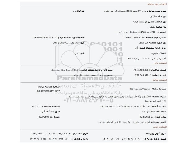 مزایده، 244سهم از2400سهم6دانگ زمین باغی