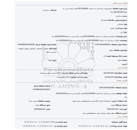مزایده، مزایده  سیم کارت  به شماره 09124583081   قیمت کارشناسی  به مبلغ 400/000/000 ریال