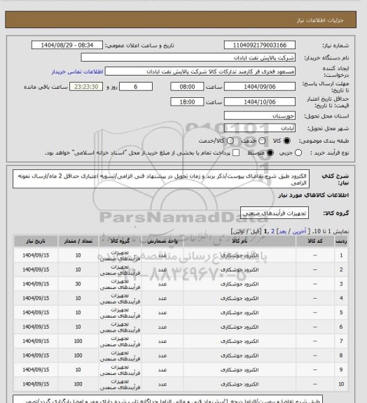 استعلام الکترود
طبق شرح تقاضای پیوست/ذکر برند و زمان تحویل در پیشنهاد فنی الزامی/تسویه اعتباری حداقل 2 ماه/ارسال نمونه الزامی
