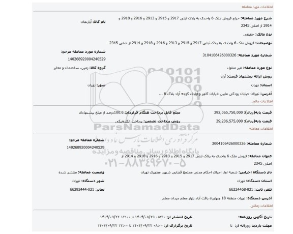 مزایده، فروش ملک 6 واحدی به پلاک ثبتی 2917 و 2915 و 2913 و 2916 و 2918 و 2914 از اصلی 2345
