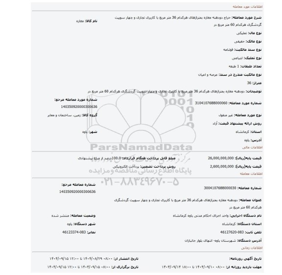 مزایده، دودهنه مغازه بمتراژهای هرکدام 36 متر مربع با کاربری تجاری و چهار سوییت گردشگری هرکدام 60 متر مربع در