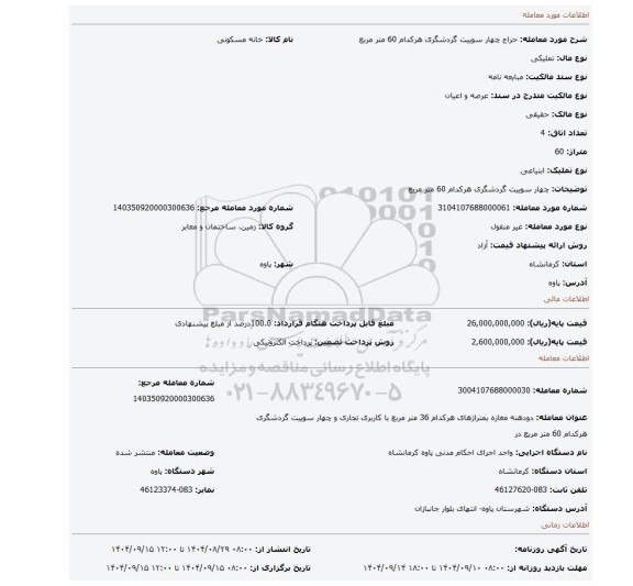 مزایده،  چهار سوییت گردشگری هرکدام 60 متر مربع