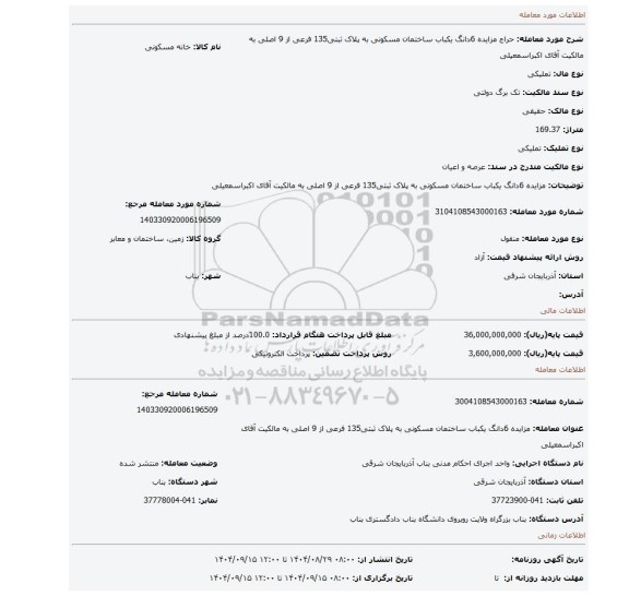 مزایده، مزایده 6دانگ یکباب ساختمان مسکونی به پلاک ثبتی135 فرعی از 9 اصلی به مالکیت آقای اکبراسمعیلی