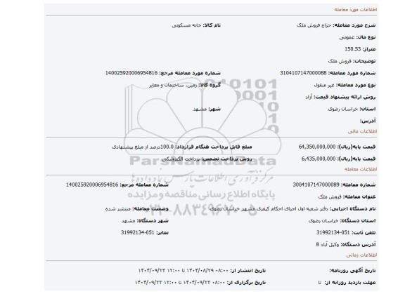 مزایده، فروش ملک